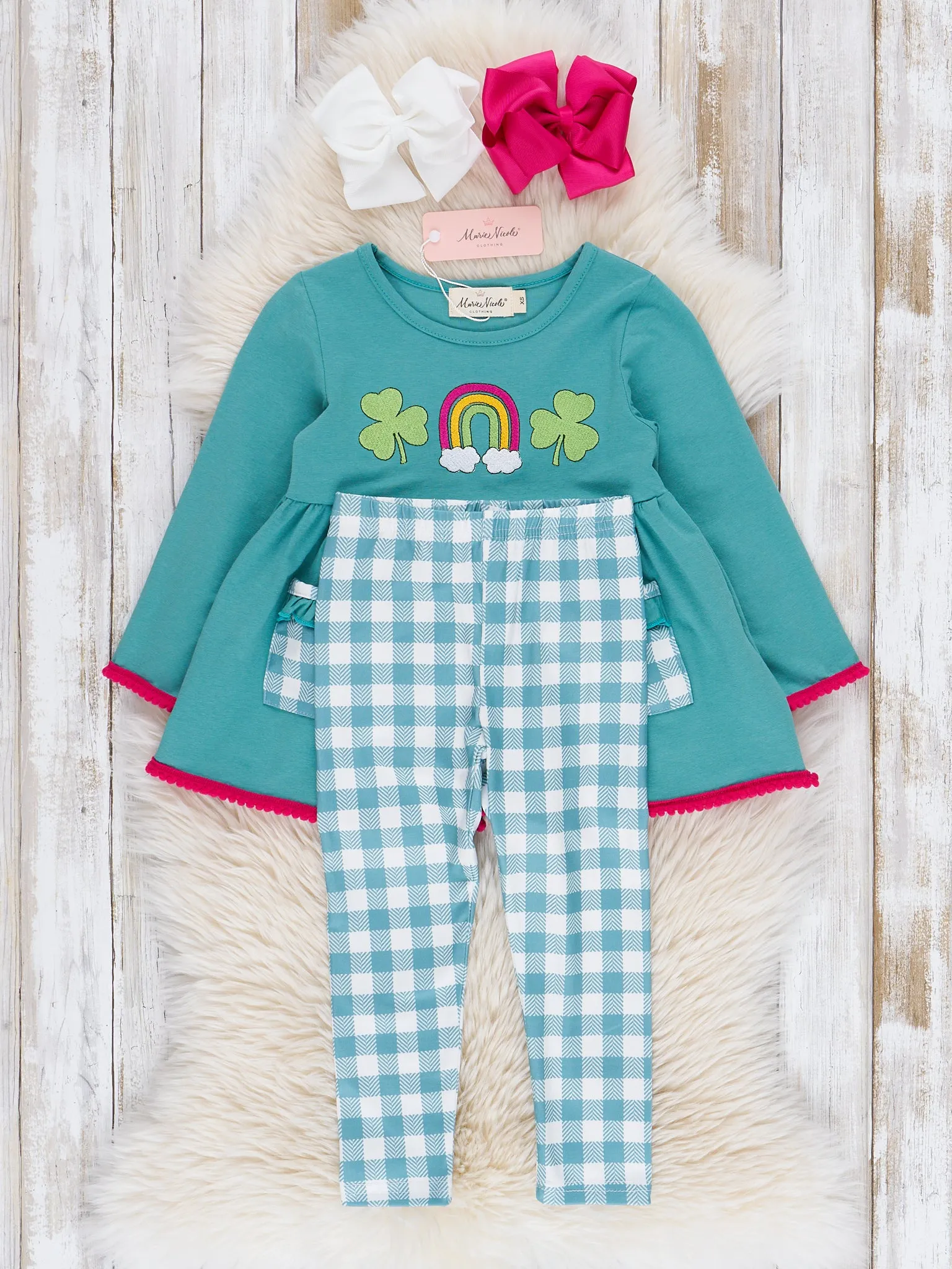 Turquoise Embroidered Rainbow Clover Gingham Pocket Outfit - Restocked!