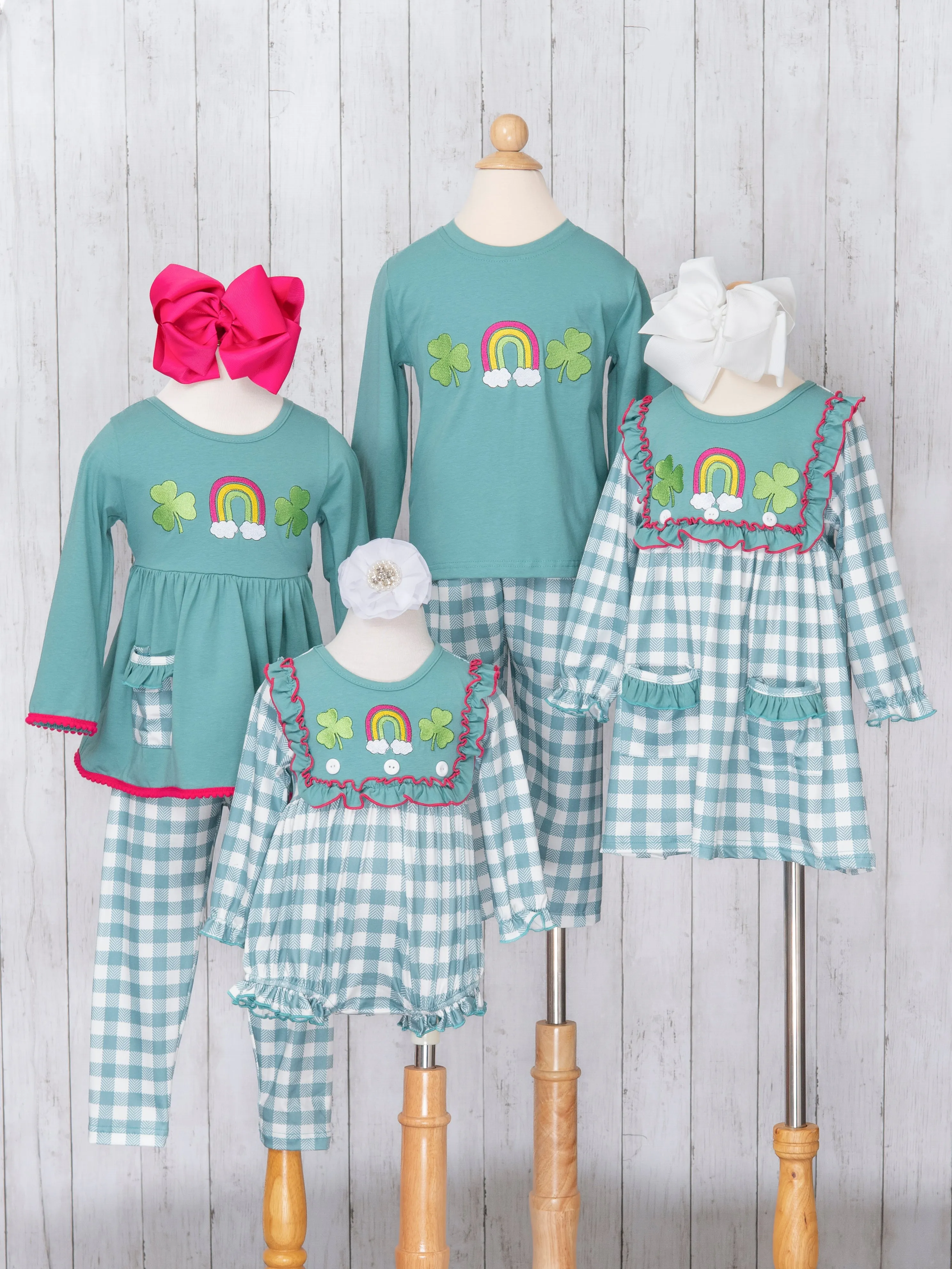 Turquoise Embroidered Rainbow Clover Gingham Pocket Outfit - Restocked!