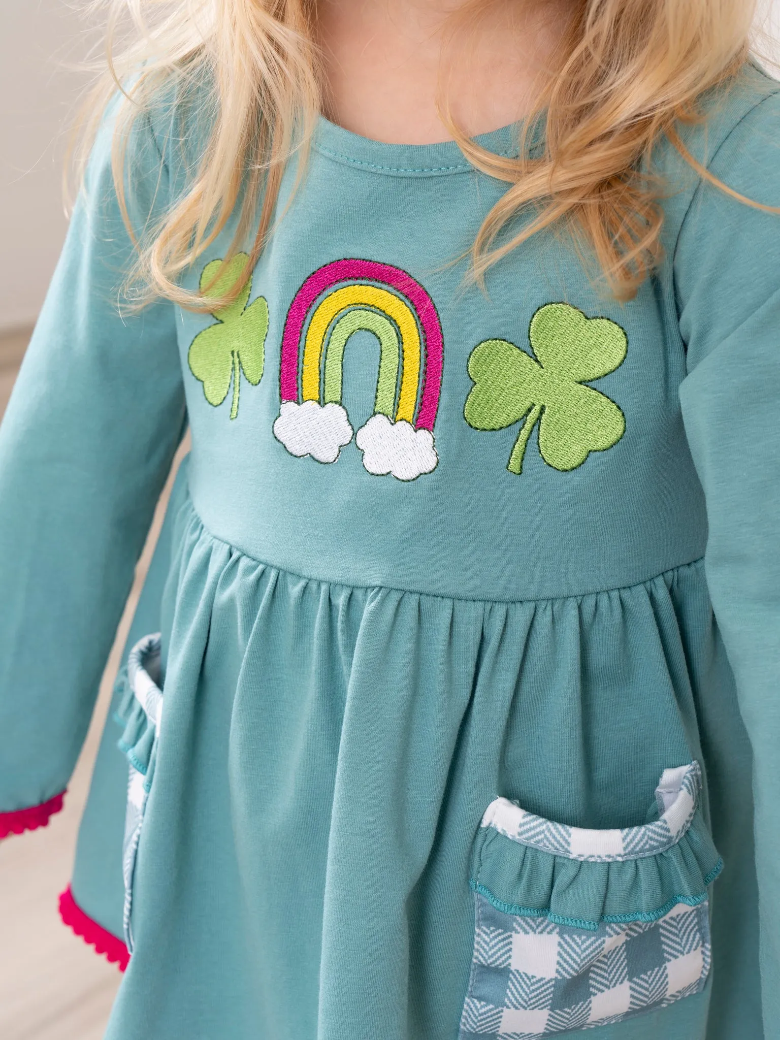 Turquoise Embroidered Rainbow Clover Gingham Pocket Outfit - Restocked!