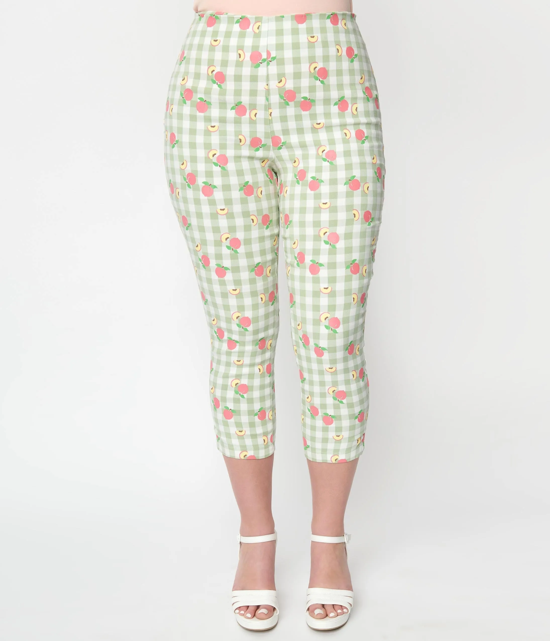 Unique Vintage Light Green Gingham & Peaches Rachelle Capri Pants