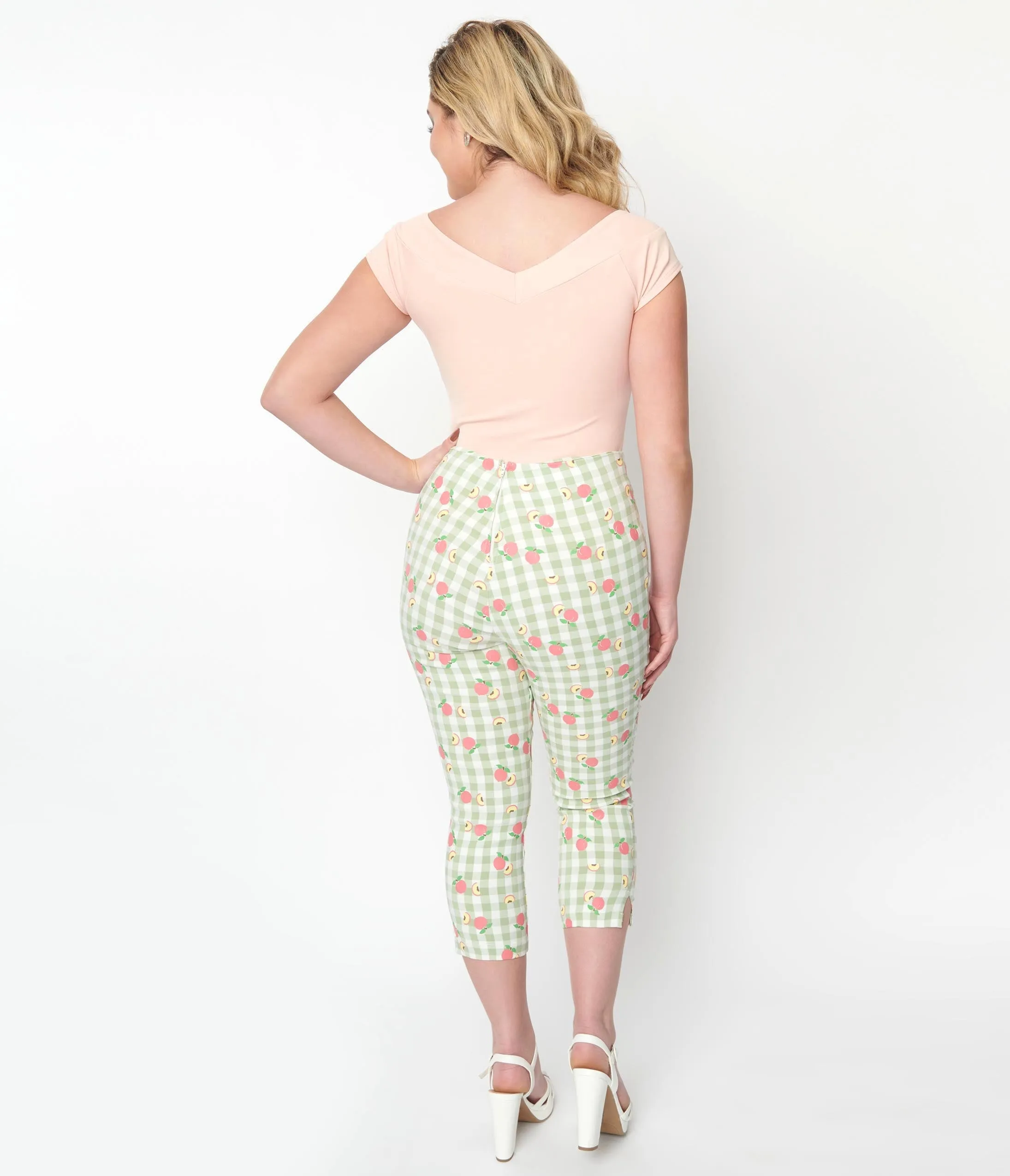 Unique Vintage Light Green Gingham & Peaches Rachelle Capri Pants