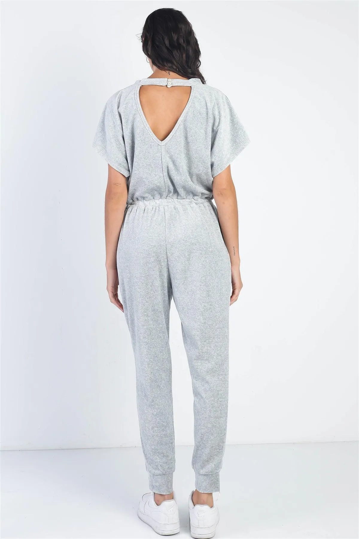 Velour Short Sleeve Two Pocket Elasticized Waist Jumpsuit