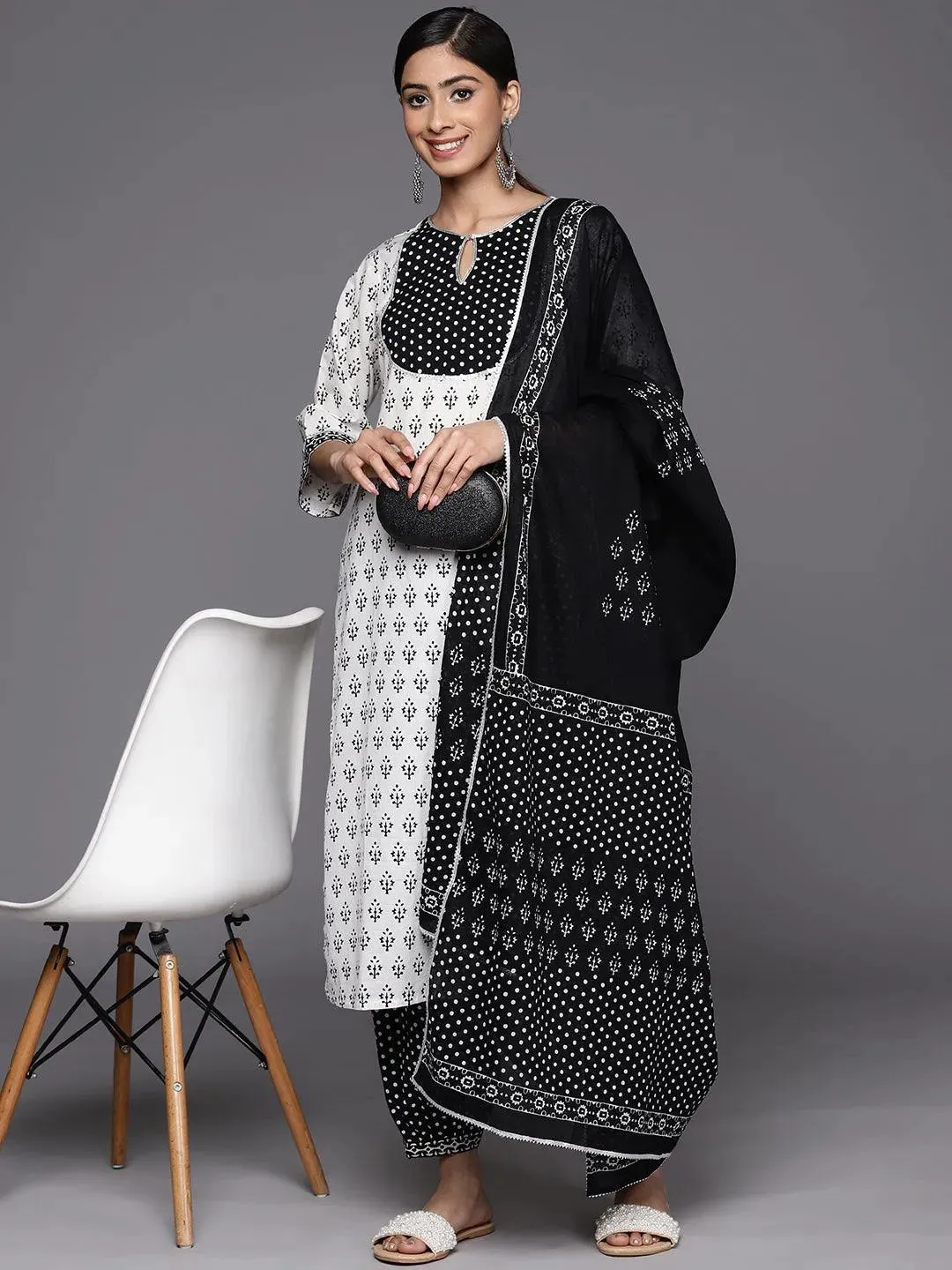 White Yoke Design Cotton Straight Kurta With Salwar & Dupatta