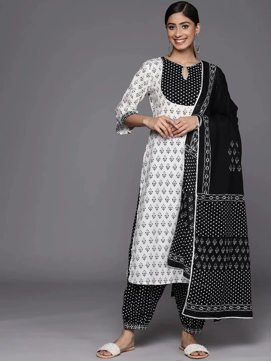 White Yoke Design Cotton Straight Kurta With Salwar & Dupatta