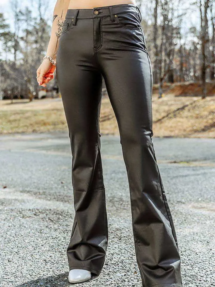 Women High Waist Pockets Buttoned Faux Leather Long Pants