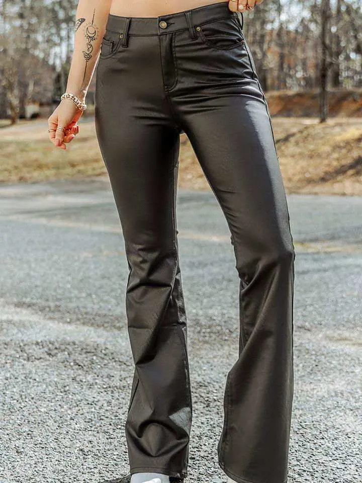 Women High Waist Pockets Buttoned Faux Leather Long Pants