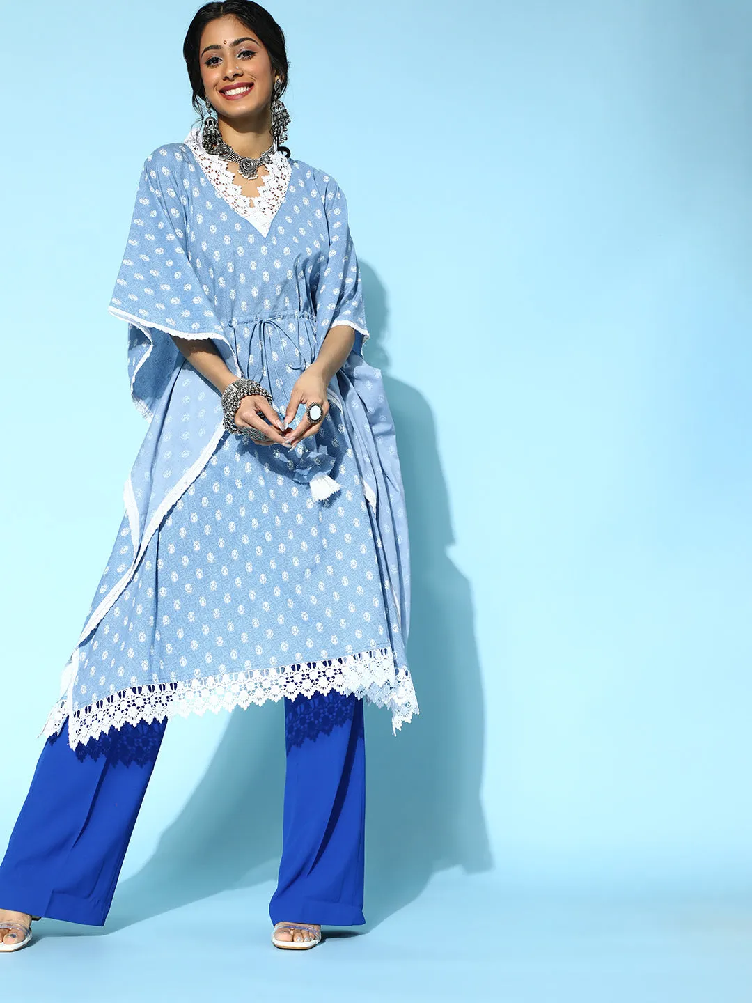 Women Stunning Blue Cotton Kaftan Kurta