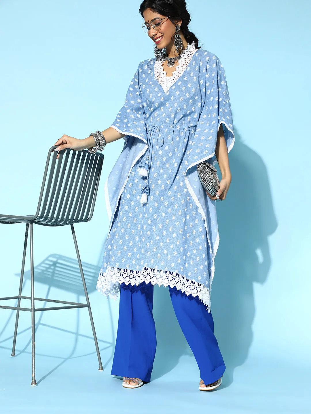 Women Stunning Blue Cotton Kaftan Kurta