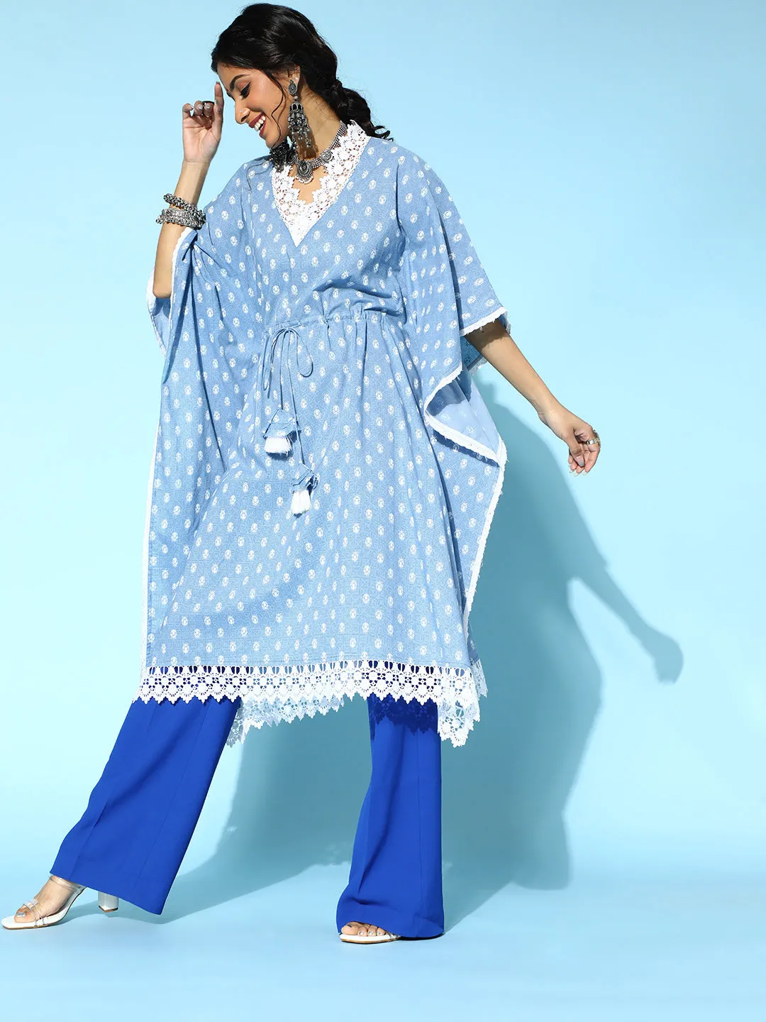 Women Stunning Blue Cotton Kaftan Kurta