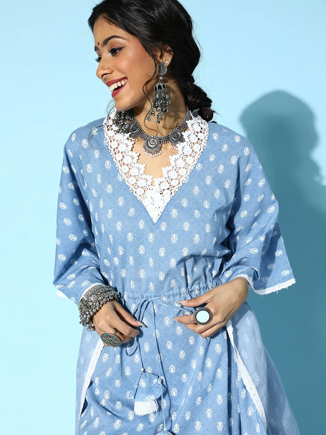 Women Stunning Blue Cotton Kaftan Kurta