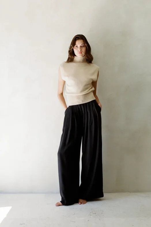 Woven Tencel Cupro Pleated Wide Leg Pants Black