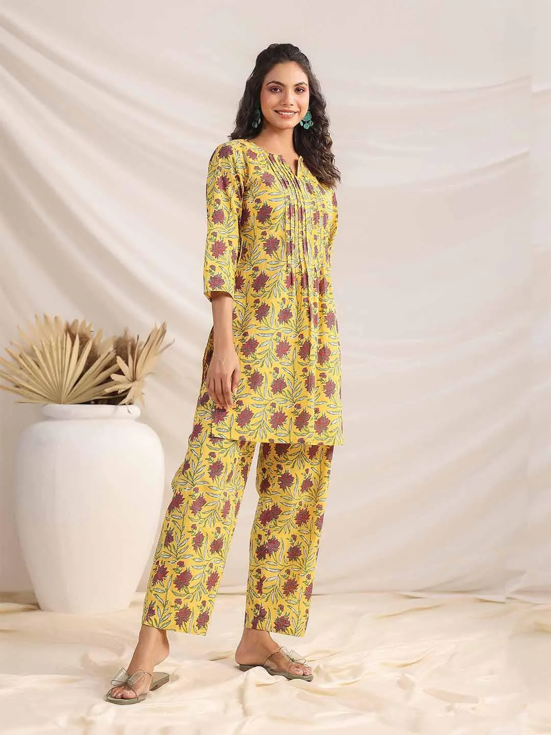 Yellow Cotton Floral Pleated Co-ord Set