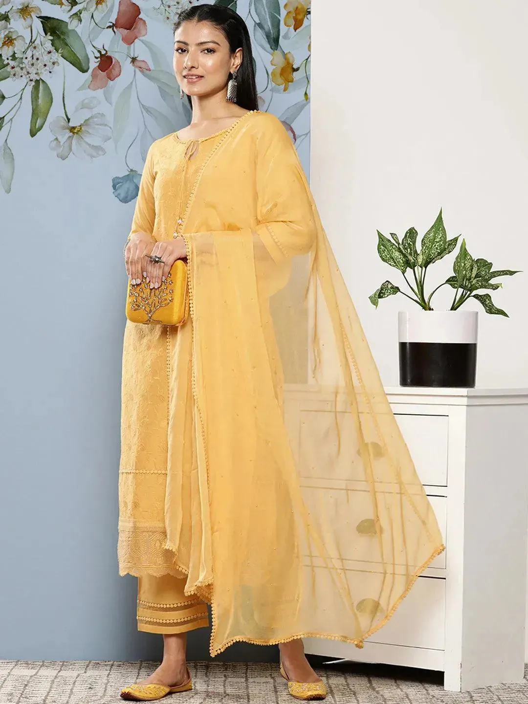 Yellow Embroidered Cotton Straight Kurta With Trousers & Dupatta