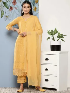 Yellow Embroidered Cotton Straight Kurta With Trousers & Dupatta