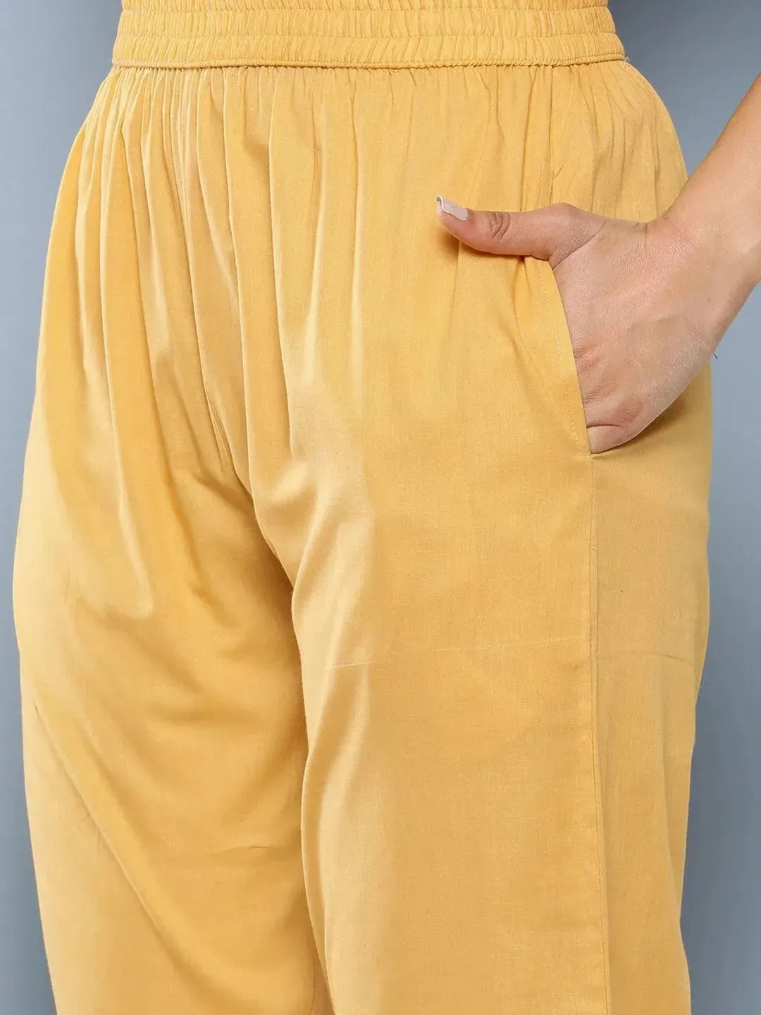 Yellow Embroidered Cotton Straight Kurta With Trousers & Dupatta